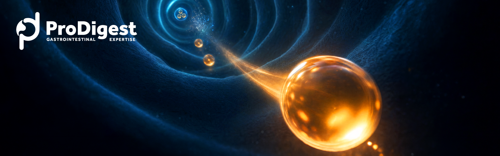ProDigest gastrointestinal expertise logo beside a dark blue tunnel illustration with three small glowing orange spheres merging into one larger glowing sphere. Visual metaphor for tributyrin's conversion into three molecules of butyrate in the gut, from ProDigest's blog on why a three-week SHIME study caught a postbiotic effect a single-dose test would have missed.