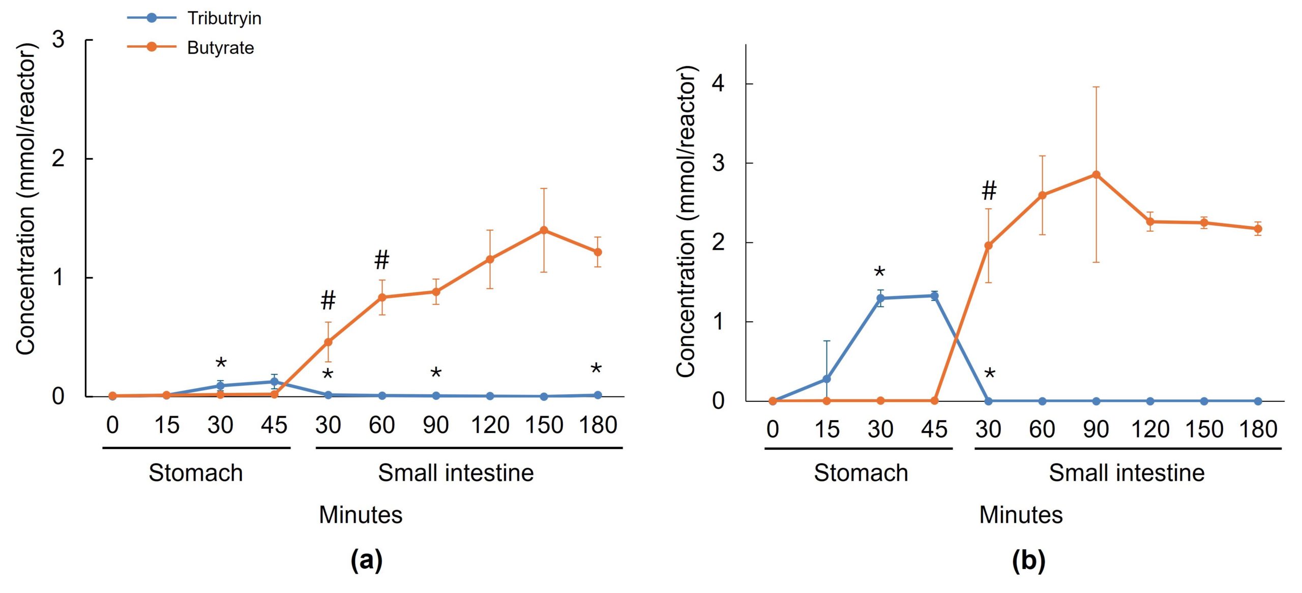 Line graphs plotting tributyrin and butyrate concentration in mmol per reactor over time in the stomach and small intestine, for capsule (left) and softgel (right) formulations, showing tributyrin declining as butyrate rises during small intestinal transit. From ProDigest's upper GI tract simulation quantifying how much tributyrin is hydrolyzed to butyrate before reaching the colon.